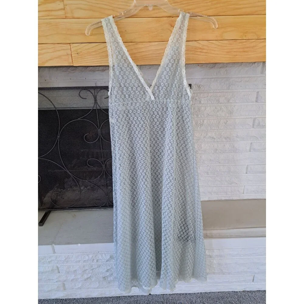 Vintage Penneys Gaymode Sheer Blue Floral Lace Nightgown V-Neck Ivory Trim Med - Picture 5 of 10